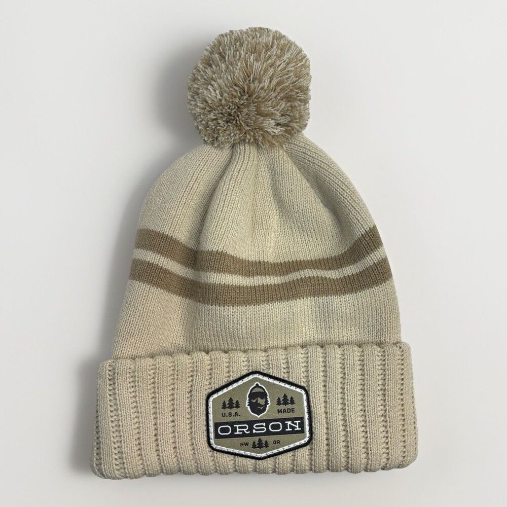 Orson Knit Pom Beanie Richardson USA Patch Beige Tan Striped Cuffed Winter Hat